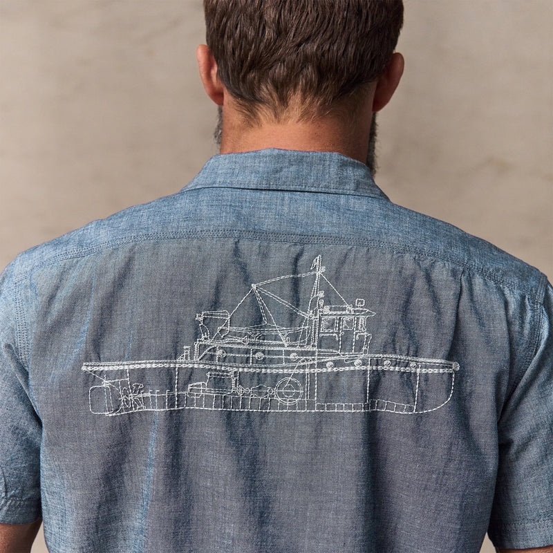 Short sleeve embroidered chambray shirt di Filson | Rinsed indigo chambray (Blue)