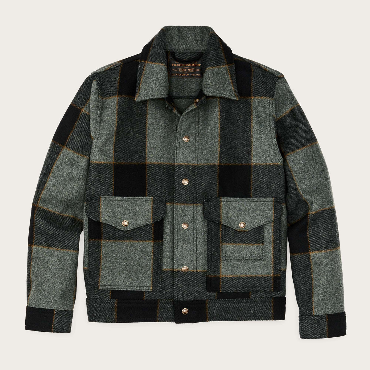 Filson Guide Jacket Mackinaw wool work jacket by Filson | Graystone / black pl (Grey)