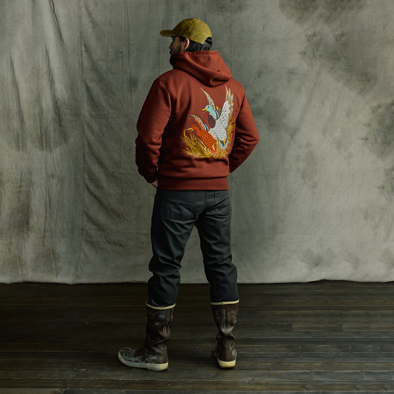 Prospector embroidered hoodie by Filson | Fired brick / ducks (Red)