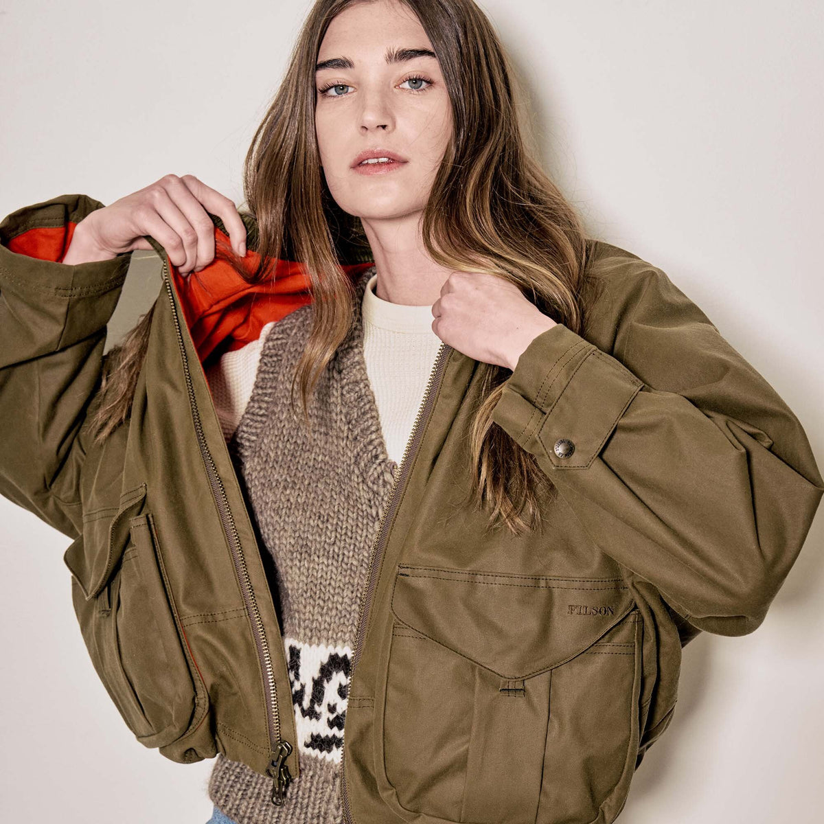 Women's shelter cloth short work jacket by Filson Dark tan (Beige)