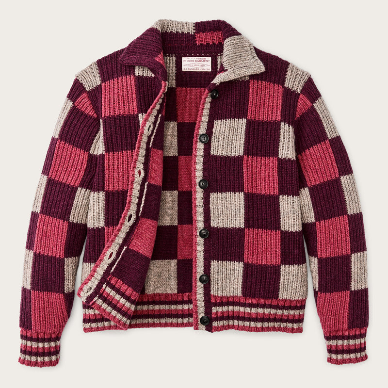 Cardigan femme en laine à carreaux par Filson | Burgundy / gray chec (Purple)