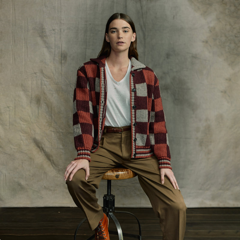 Cardigan femme en laine à carreaux par Filson | Burgundy / gray chec (Purple)