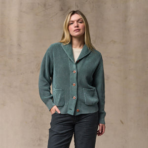 Women's cotton shawl neck cardigan von Filson | Juniper (Green)