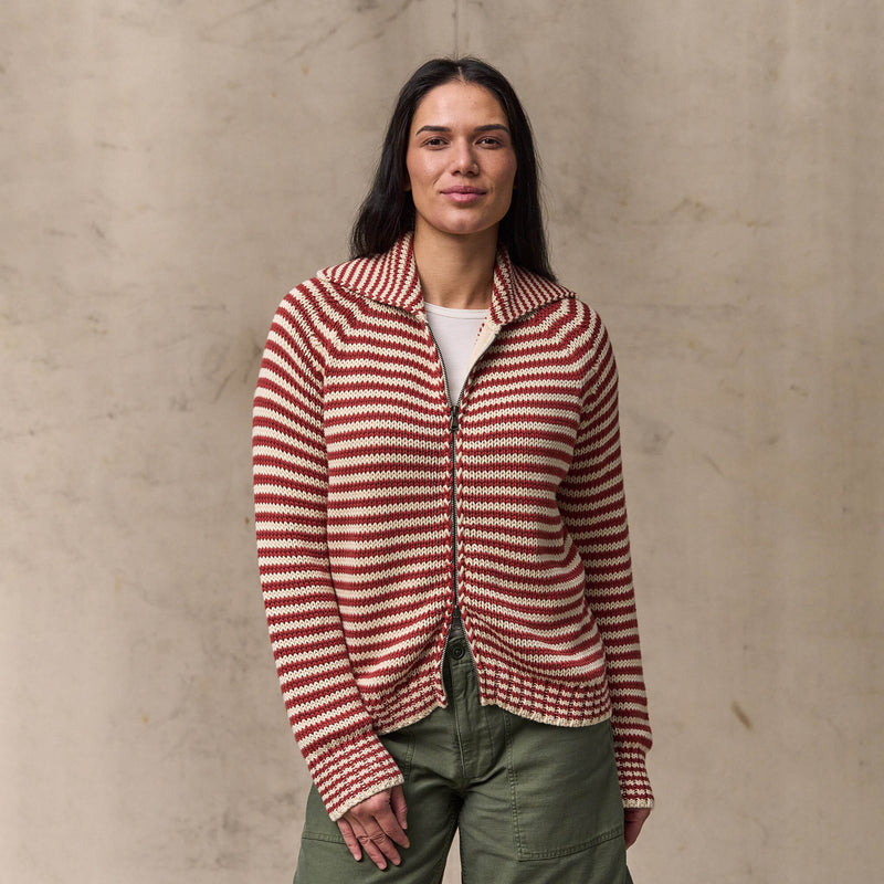 Women's cotton full-zip cardigan di Filson | Brick / sand stripe (Red)