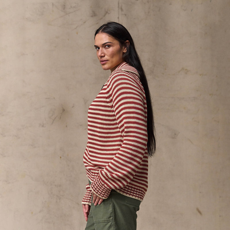 Women's cotton full-zip cardigan di Filson | Brick / sand stripe (Red)