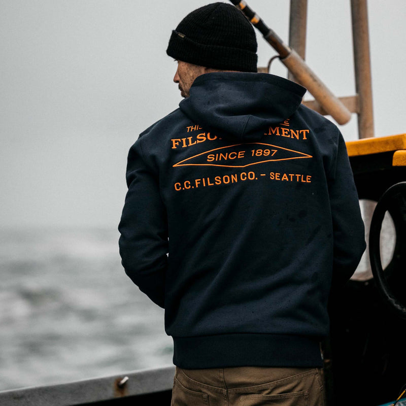 Prospector embroidered hoodie by Filson | Navy / blaze diamond (Blue)